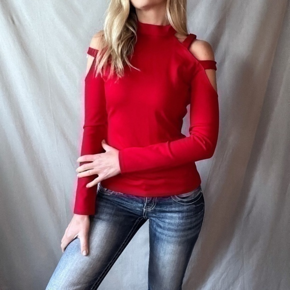 Women's SEXY Mock Neck Caged Strappy Cold Shoulder Fitted Party Top M Red
